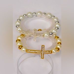 Six Sideways Cross Rhinestone 10 mm Glass Pearl & 8 mm CCB Bracelet Wholesale